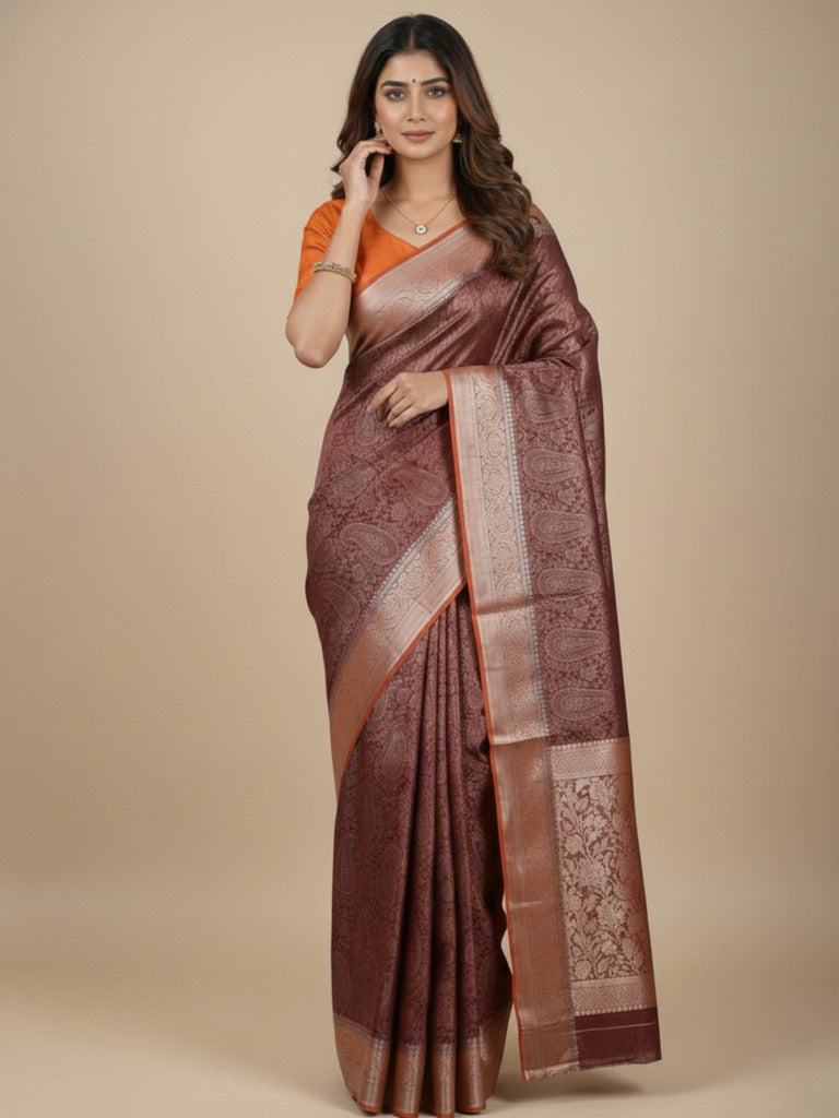 Georgette fancy saree brown color allover weaves & zari border with rich pallu and plain blouse