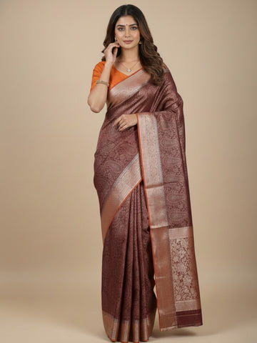 Georgette fancy saree brown color allover weaves & zari border with rich pallu and plain blouse