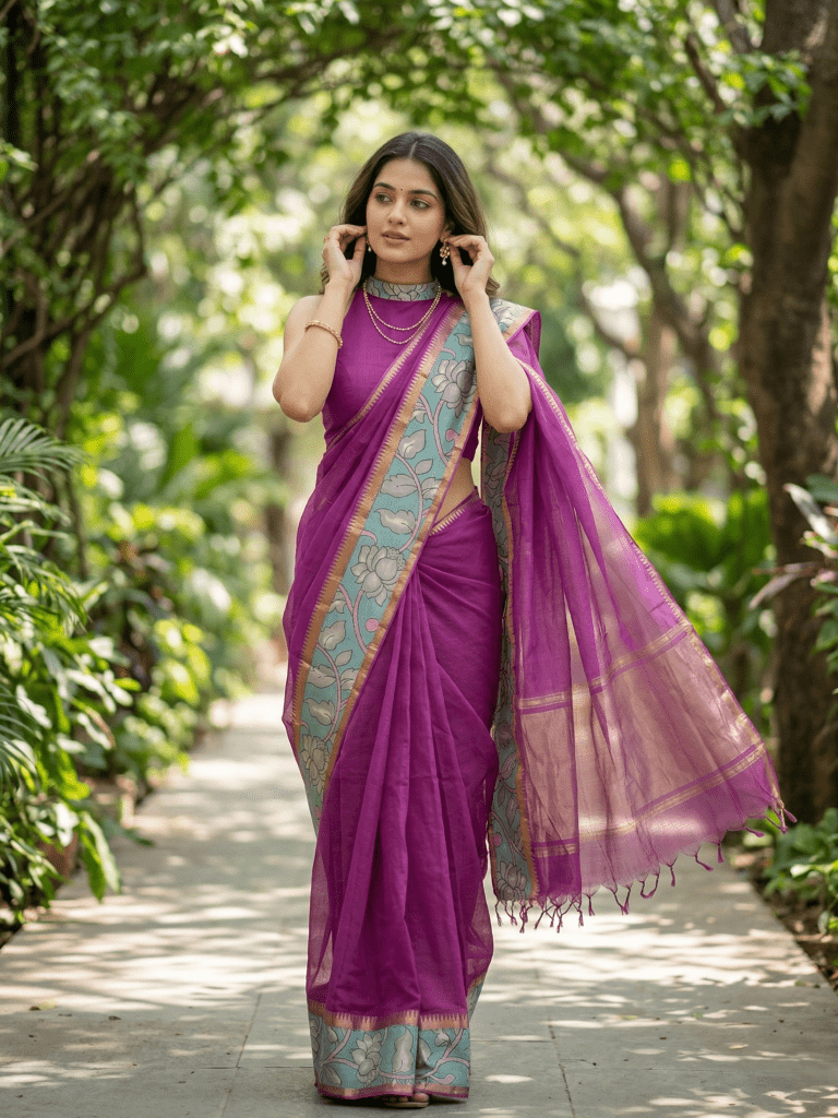 Kalamkari cotton saree with kalamkari border and kalamkari blouse