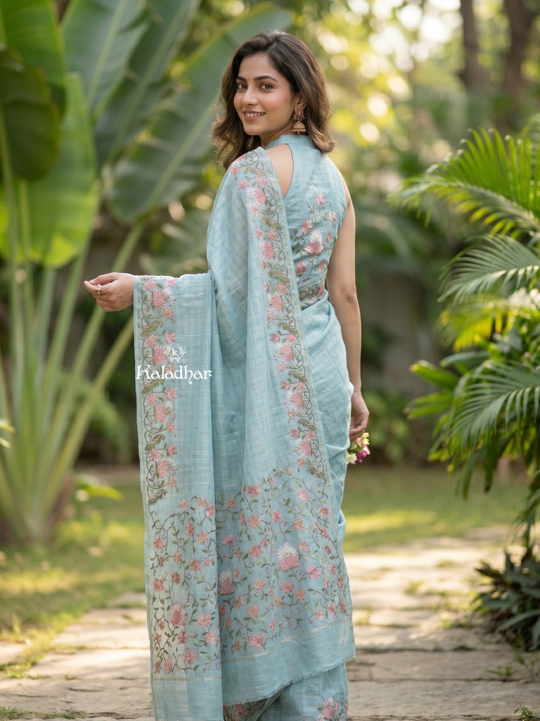 Tussar fancy saree allover checks with embroidery border and attached blouse