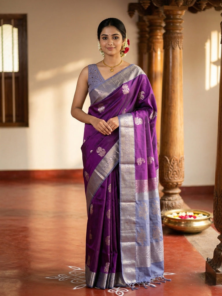 Kanchi pattu saree purple color allover zari motifs & zari border with rich pallu and contrast plain blouse