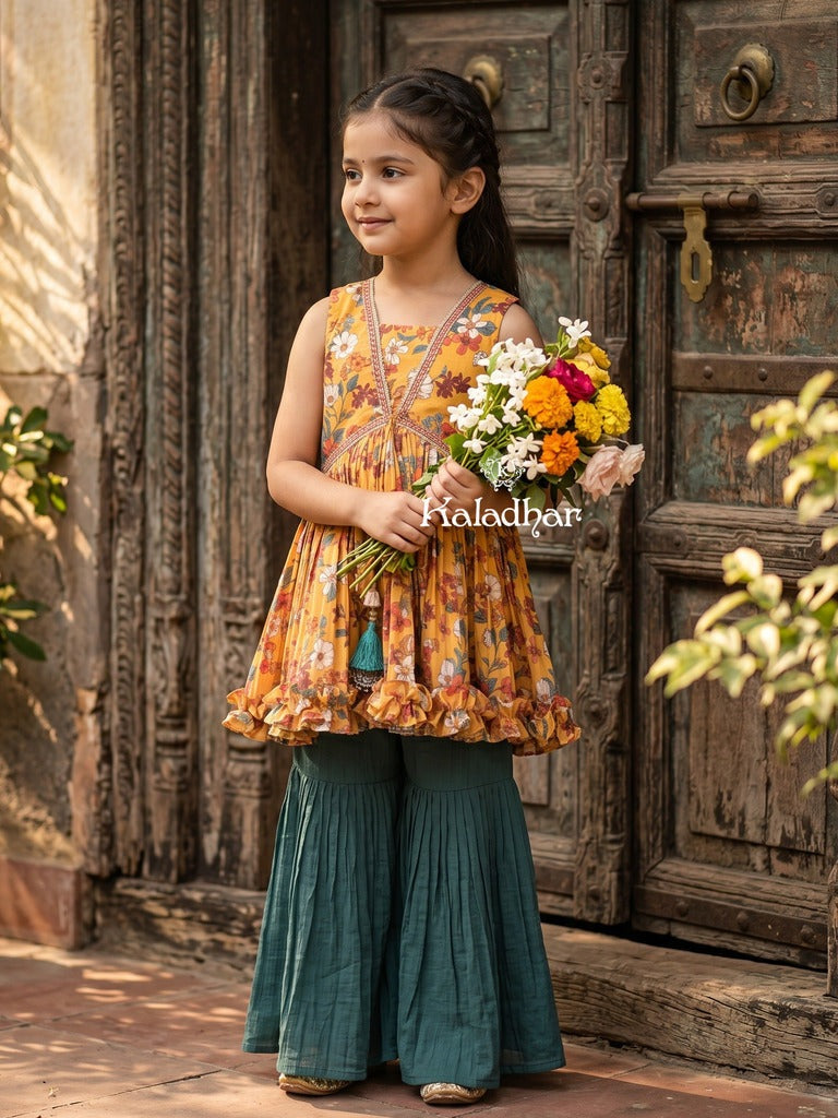 Yellow color Georgette floral sharara set for kids 5-6 years