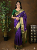 Kanchi pattu saree dark blue color allover zari motifs & zari border with rich pallu and contrast plain blouse