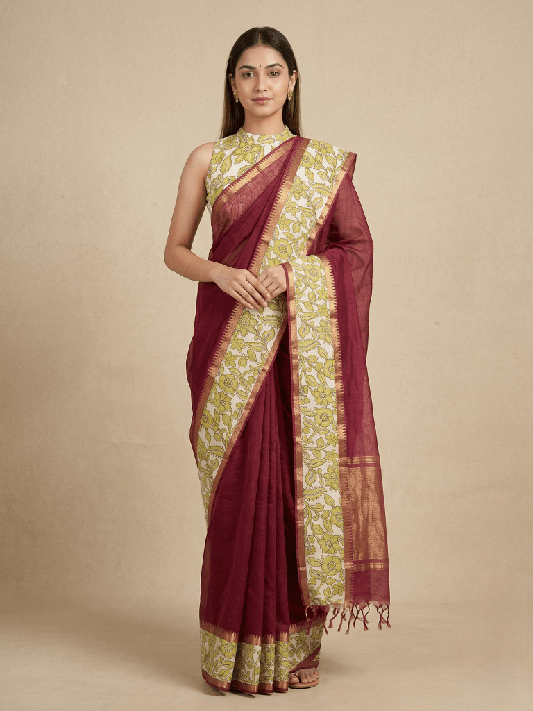 Kalamkari cotton saree with kalamkari border and kalamkari blouse