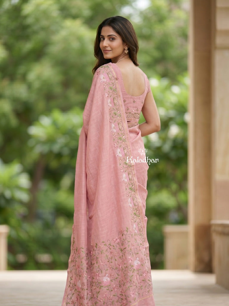 Tussar fancy saree allover checks with embroidery border and attached blouse