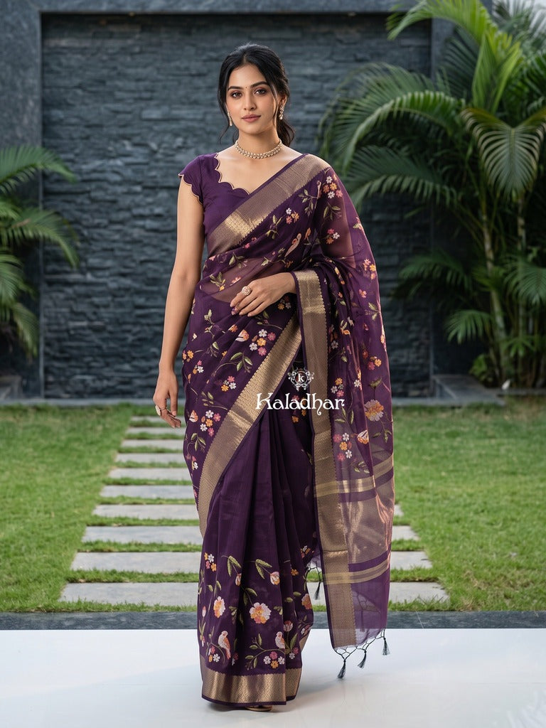 Chanderi fancy saree for women | blue | zari border | party wear