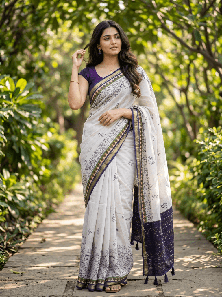 Maheshwari fancy saree in white color with allover prints & zari border with short pallu and contrast blouse
