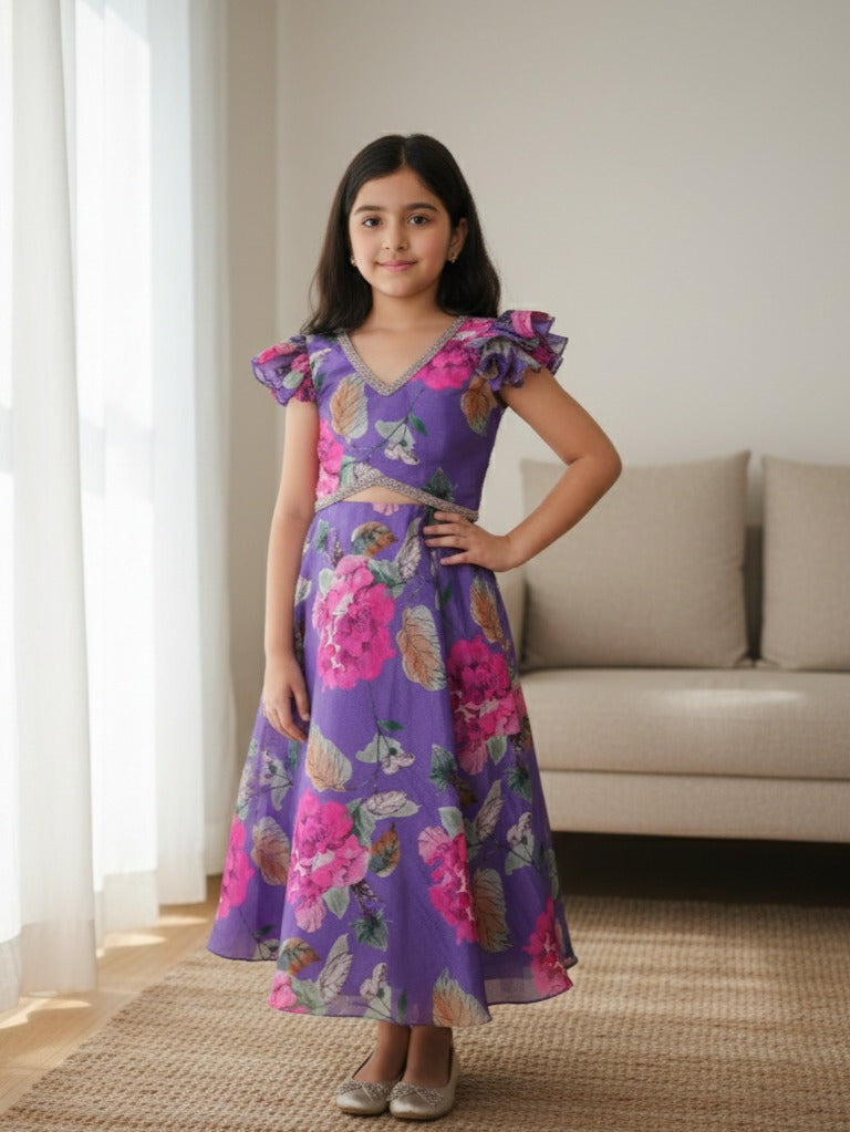 Purple Crape designer crop top lehenga for girls | Made for little twirls