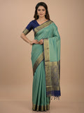 Georgette fancy saree lux green color allover weaves & zari border with rich pallu and plain blouse