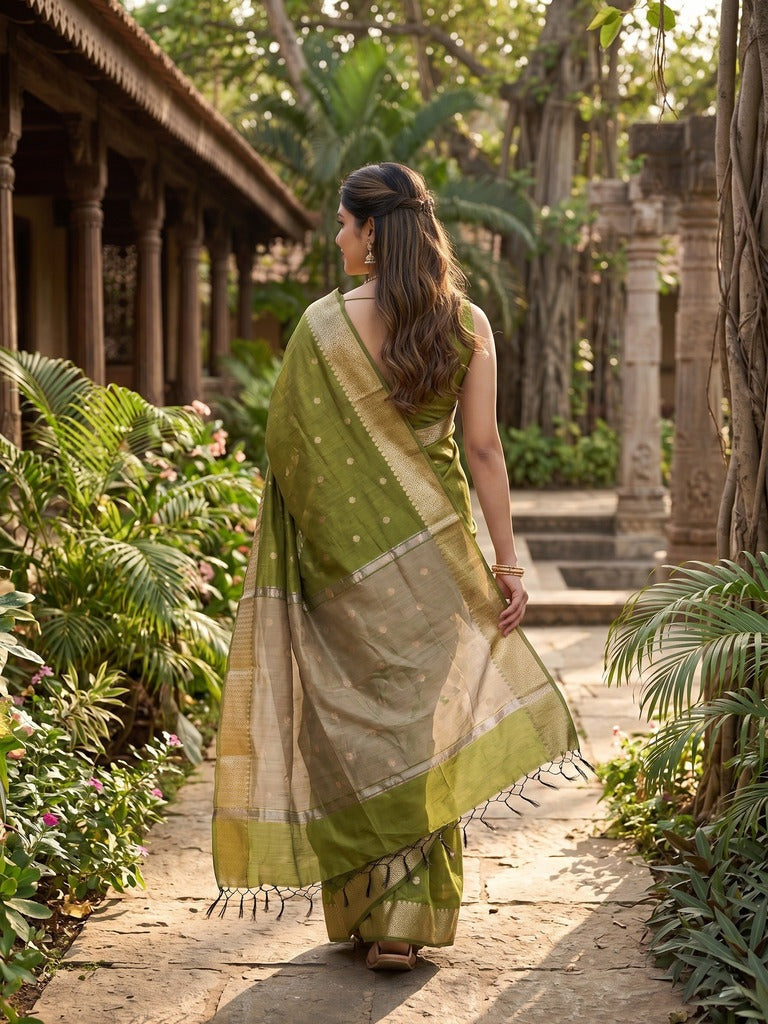 Chanderi fancy saree with allover zari motifs & zari border with zari pallu and attached self blouse