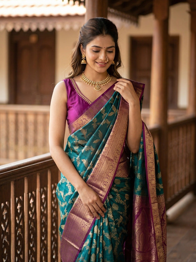 Kanchi pattu saree peacock blue color allover zari weaves & zari border with rich pallu and contrast plain blouse