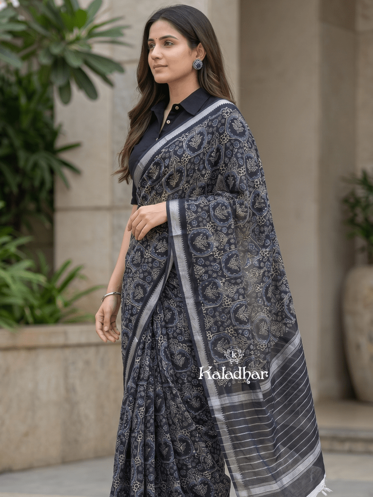 Mangalagiri fancy printed saree in grey color with zari border and plain contrast blouse