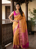 Kanchi pattu saree pinkish orange color allover zari motifs & zari border with rich pallu and contrast plain blouse