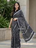 Mangalagiri fancy printed saree in grey color with zari border and plain contrast blouse