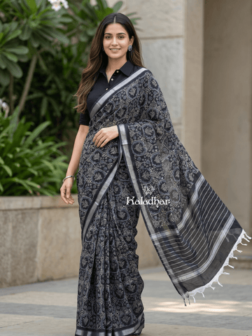 Mangalagiri fancy printed saree in grey color with zari border and plain contrast blouse