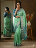 Kanchi pattu saree lux green color allover zari motifs & zari border with rich pallu and contrast plain blouse