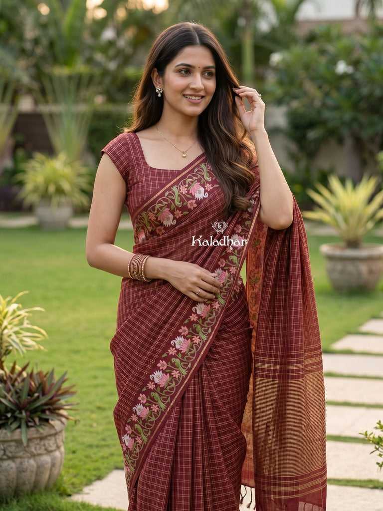 Tussar fancy saree allover checks with embroidery border and attached blouse