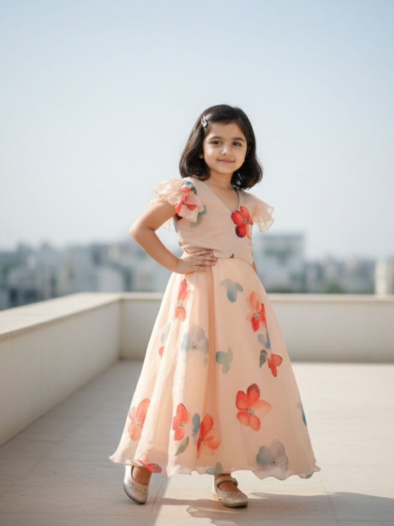 Organza cream color designer crop top lehenga for girls | Made for little twirls