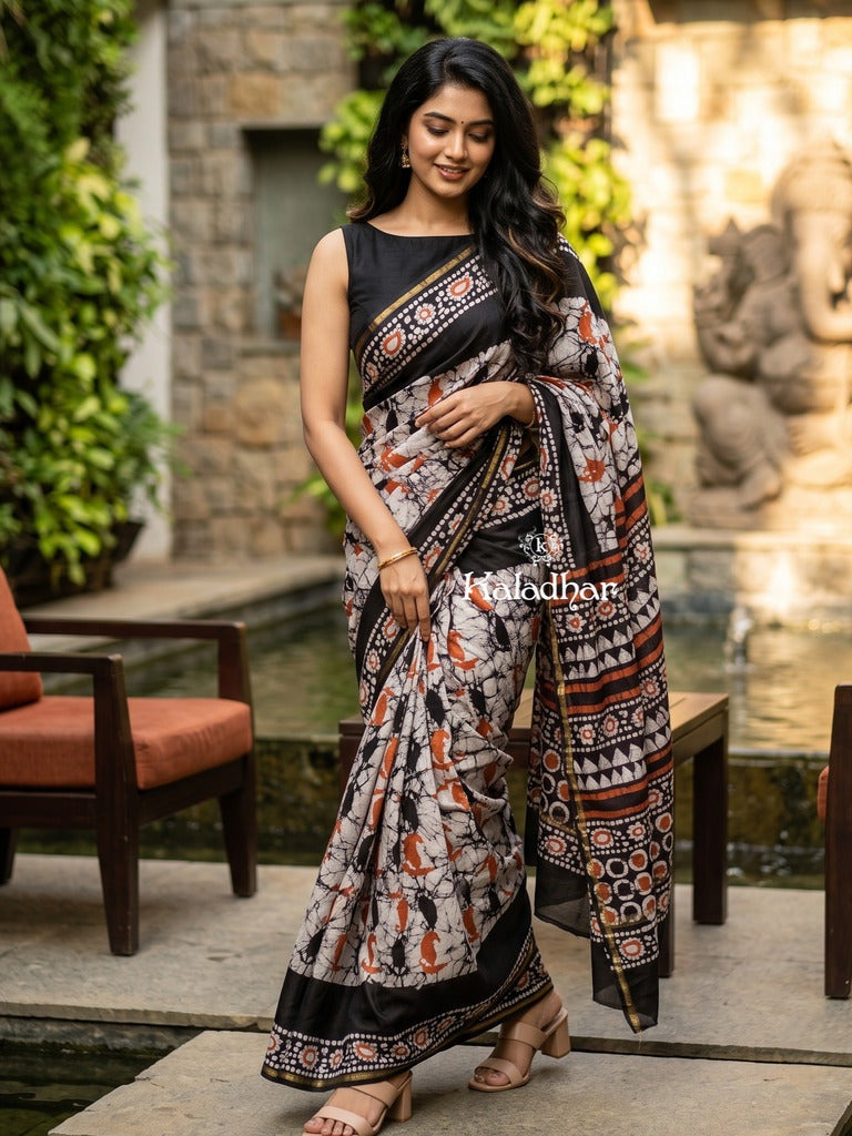 Maheshwari fancy saree for women | black | printed border | attached blouse