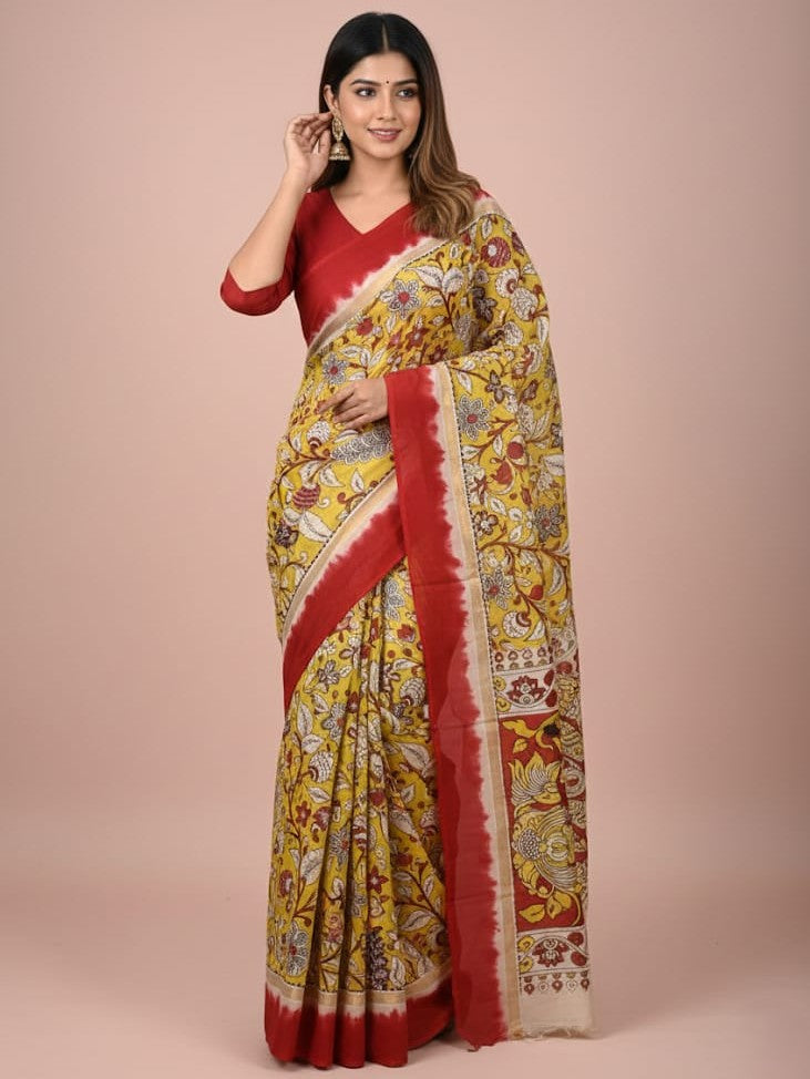Kalamkari silk saree in yellow, featuring a contrast color border and plain matching blouse