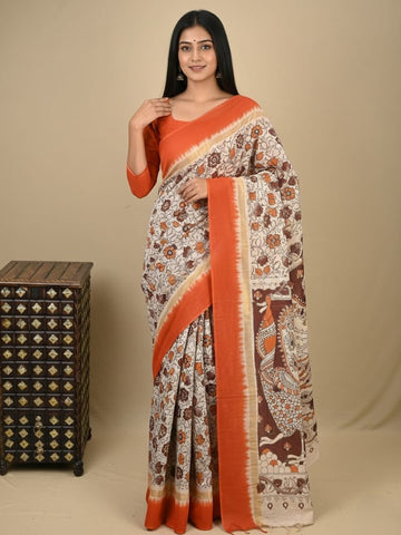 Kalamkari silk saree in white, featuring a contrast color border and plain matching blouse