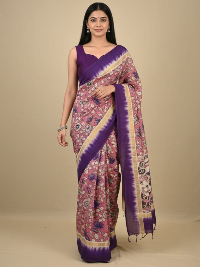 Kalamkari silk saree in onion pink, featuring a contrast color border and plain matching blouse
