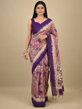 Kalamkari silk saree in onion pink, featuring a contrast color border and plain matching blouse