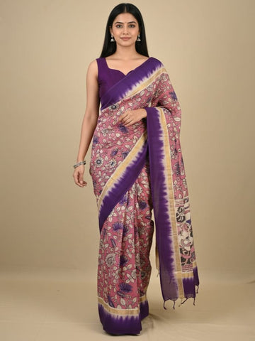 Kalamkari silk saree in onion pink, featuring a contrast color border and plain matching blouse