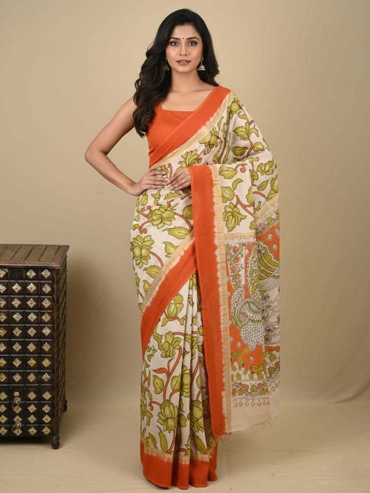 Kalamkari silk saree in cream, featuring a contrast color border and plain matching blouse