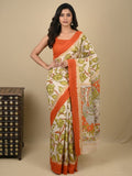 Kalamkari silk saree in cream, featuring a contrast color border and plain matching blouse
