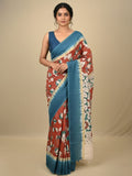 Kalamkari silk saree in red, featuring a contrast color border and plain matching blouse