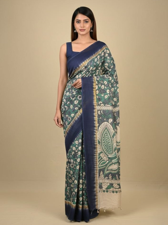 Kalamkari silk saree in blue, featuring a contrast color border and plain matching blouse