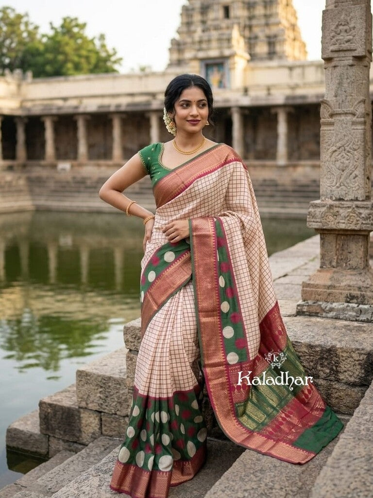 Dola silk fancy saree for women | cream | zari border | party wear