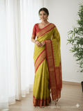 Gadwal pattu saree golden yellow color allover zari weaves & kanchi border with rich pallu and contrast plain blouse