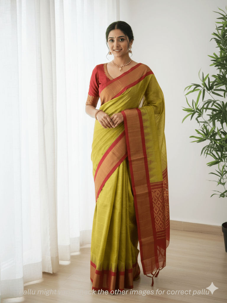 Gadwal pattu saree golden yellow color allover zari weaves & kanchi border with rich pallu and contrast plain blouse