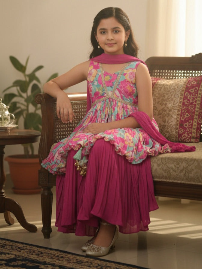 Pretty pink crape floral sharara set for kids | Pretty party & festive outfit