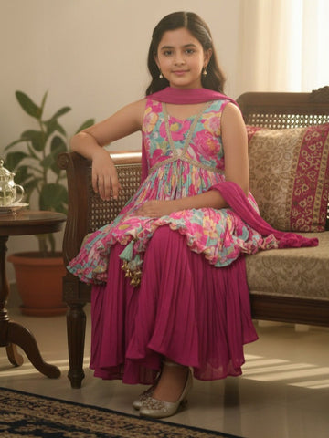 Pretty pink crape floral sharara set for kids | Pretty party & festive outfit
