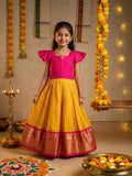 Kanchi pattu yellow color traditional kids lehenga set | Made for little twirls