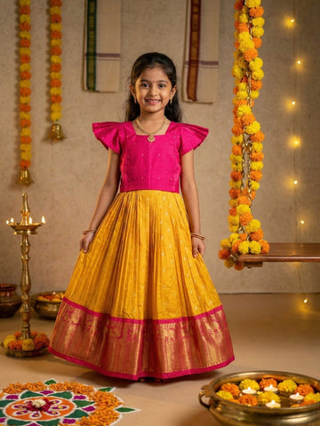 Kanchi pattu yellow color traditional kids lehenga set | Made for little twirls