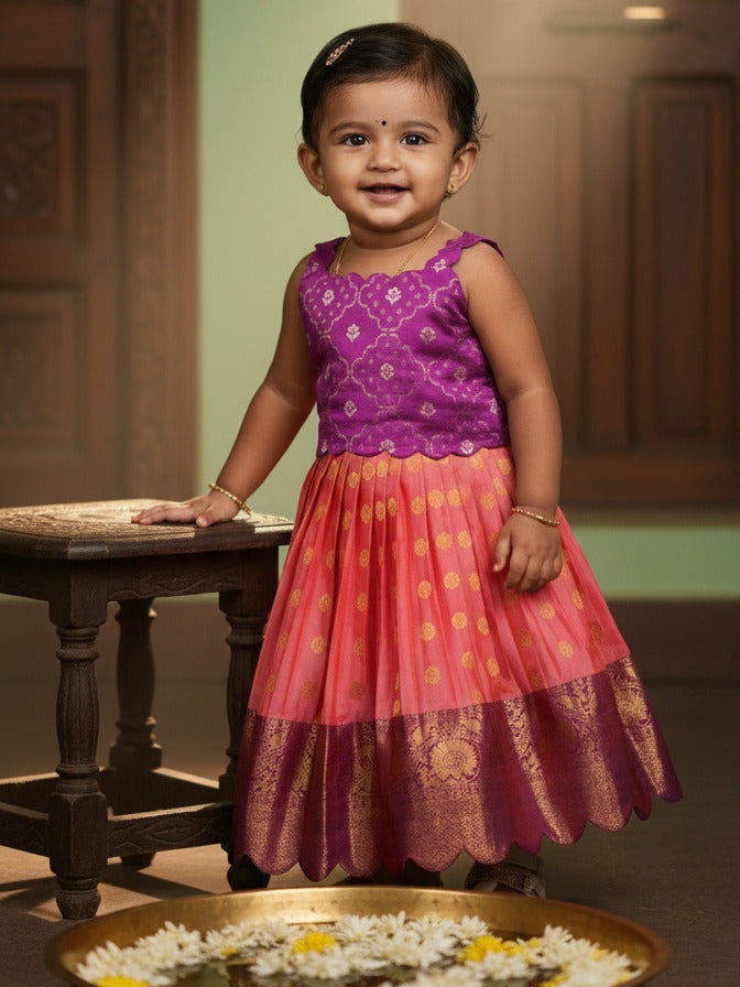 Kanchi pattu pink color traditional kids lehenga set | Made for little twirls