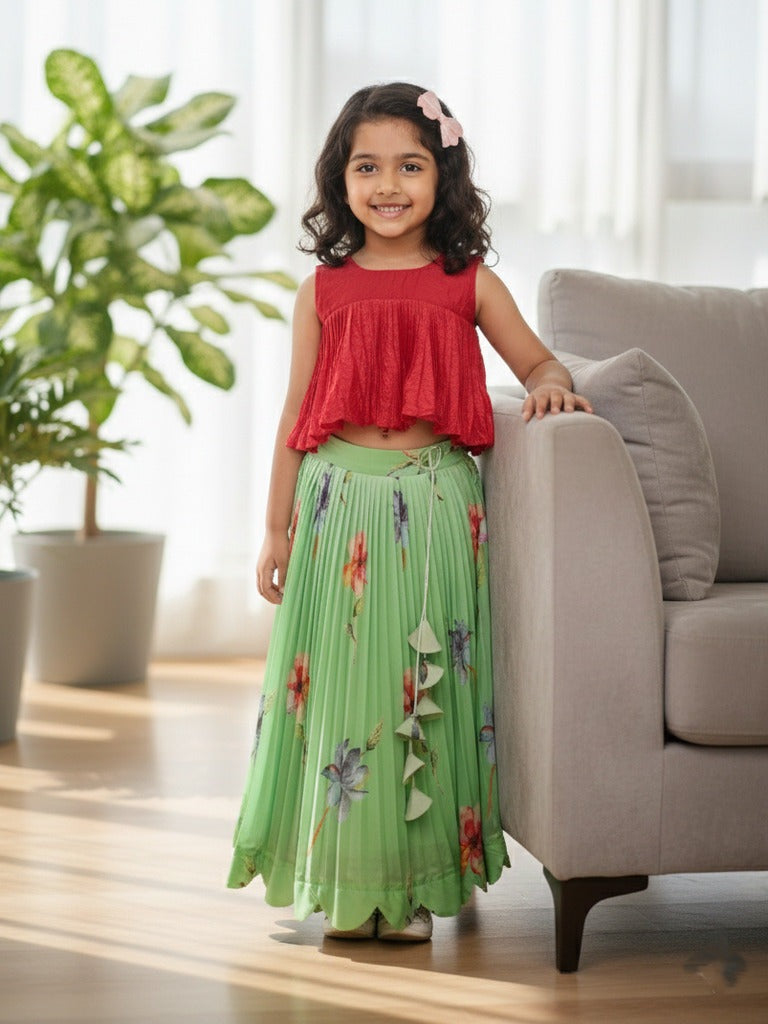 Organza green designer crop top lehenga for girls | Made for little twirls