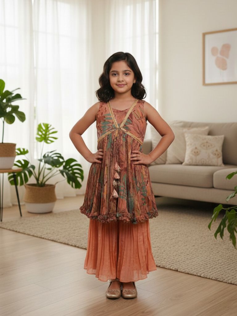 Dola tissue peach color floral sharara dress for kids | Pretty party & festive outfit