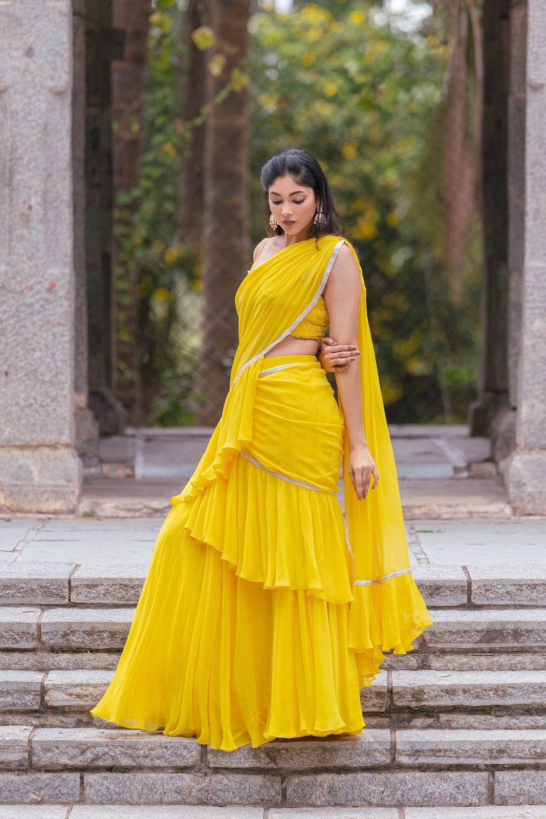 Yellow ruffle saree with handwork viscose organza top