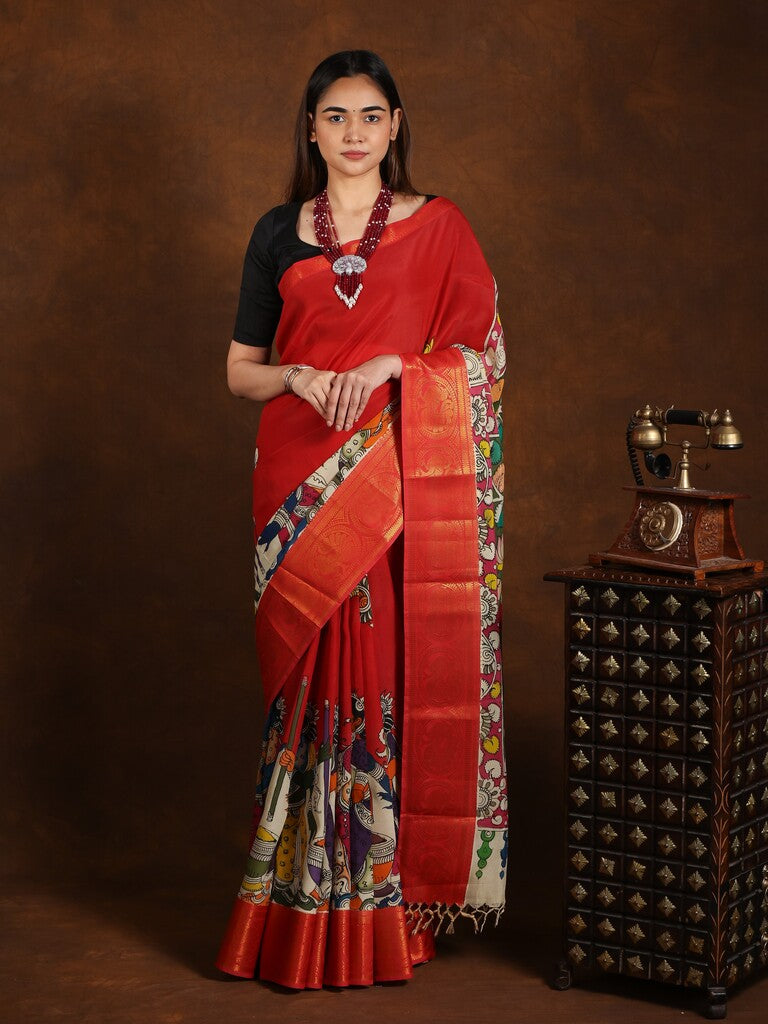 Pen kalamkari pattu saree in maroon color with contrast zari border and printed pallu & attached blouse