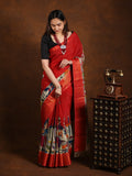 Pen kalamkari pattu saree in maroon color with contrast zari border and printed pallu & attached blouse
