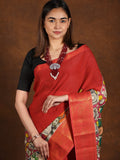 Pen kalamkari pattu saree in maroon color with contrast zari border and printed pallu & attached blouse
