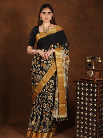 Pen kalamkari pattu saree in black color with contrast zari border and printed pallu & attached blouse