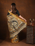 Pen kalamkari pattu saree in black color with contrast zari border and printed pallu & attached blouse