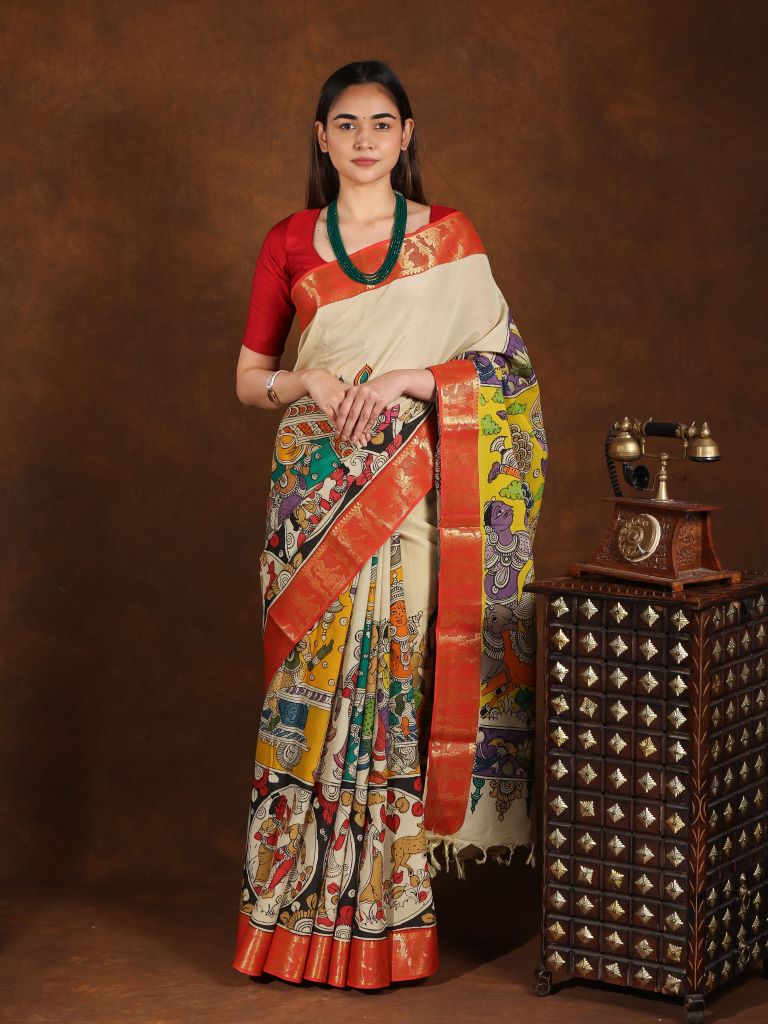 Pen kalamkari pattu saree in cream color with contrast zari border and printed pallu & attached blouse