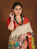 Pen kalamkari pattu saree in cream color with contrast zari border and printed pallu & attached blouse